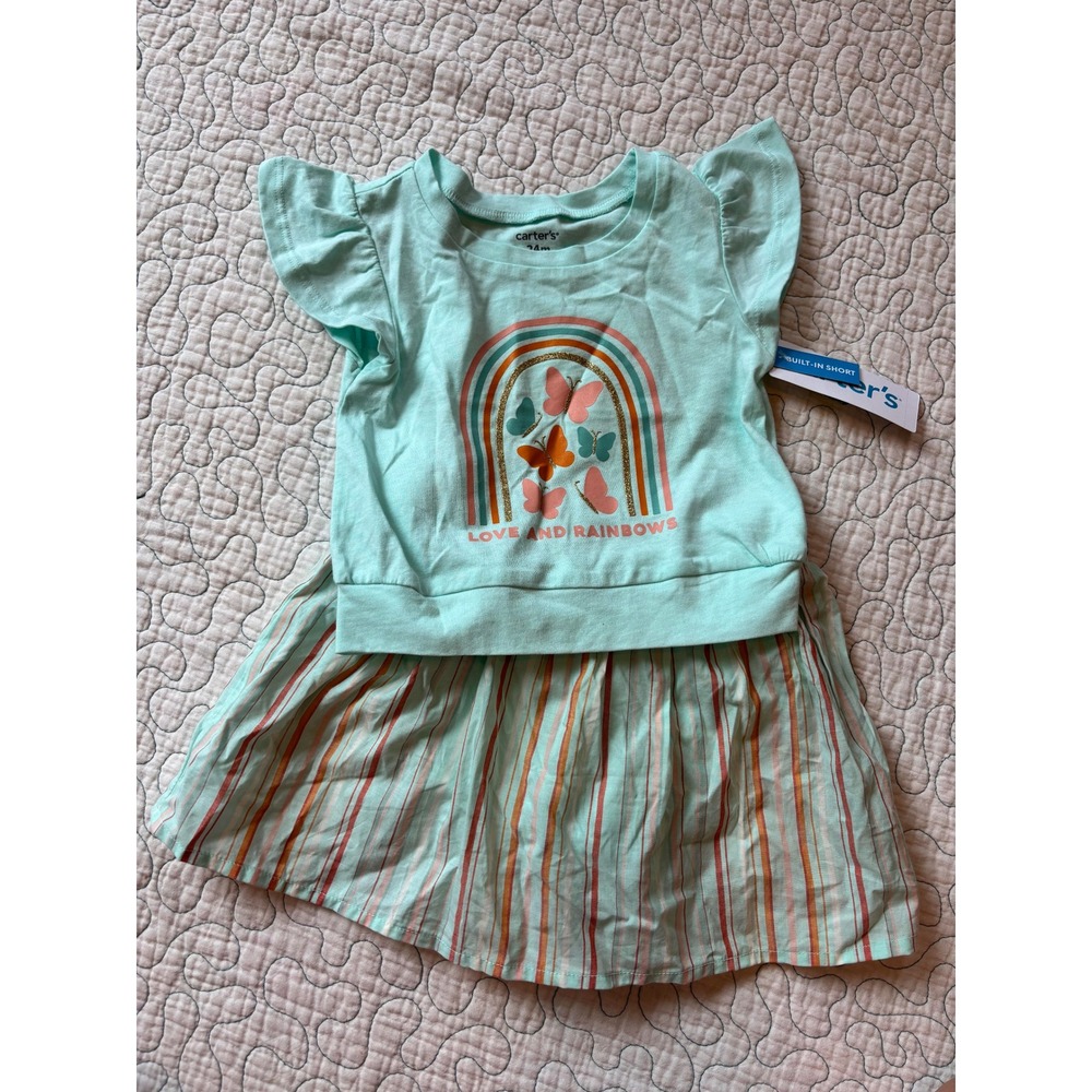 Carters Toddler Girl Mint Green Rainbow Butterfly Dress Built-in‎ Short 24M
